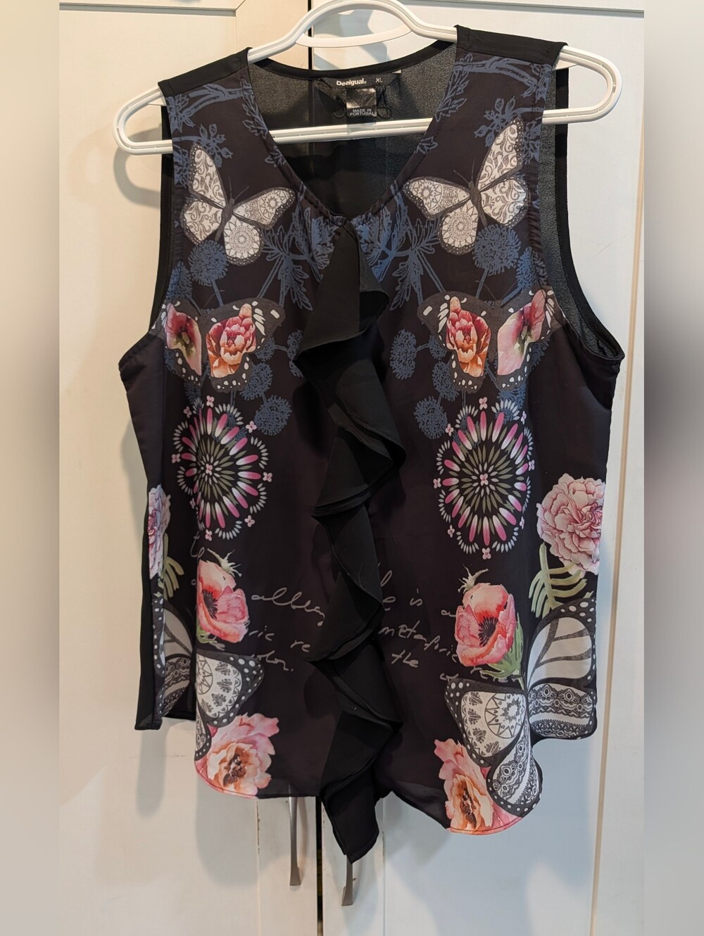Desigual Black Floral & Butterfly Ruffle Camisole Size Xl